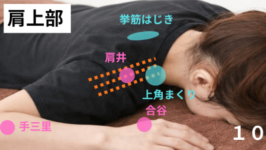 肩上部の施術ポイントの調整風景